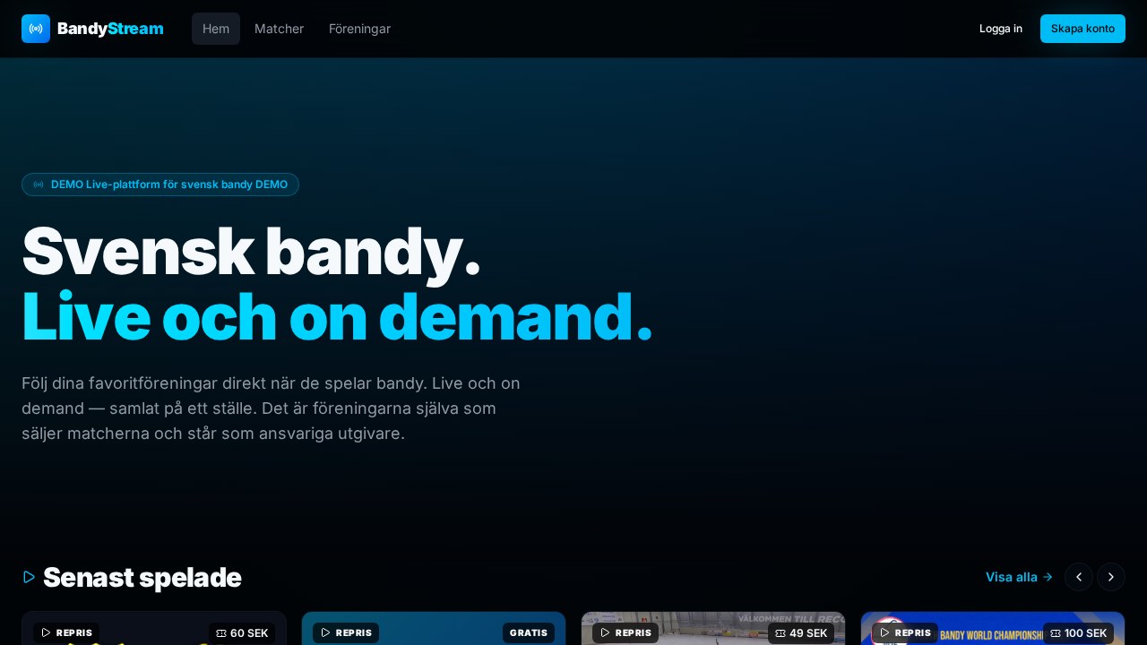Skärmdump av BandyStreams startsida med toppmeny och senast spelade matcher